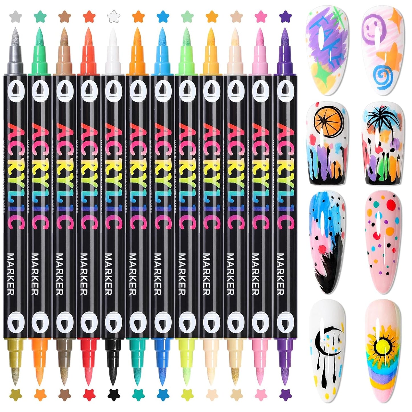 24 Colors Nail Art Pens Set, 3D Nail Polish Pens Quick-Drying Acrylic Paint Markers, Dotting Liner Brush for DIY Nail Design, Home & Salon Manicure Tools
