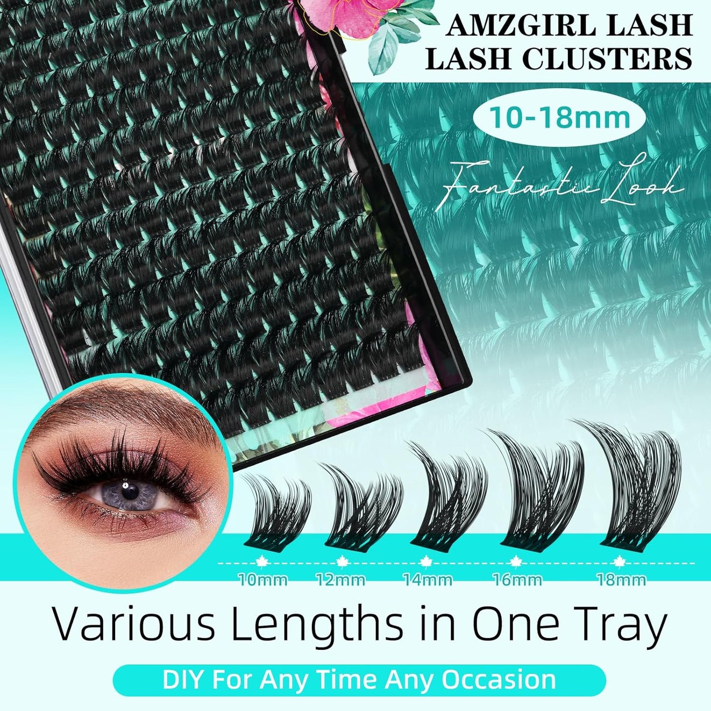 Lash Clusters Kit 168pcs Lash Extension Kit Cluster Lashes Natural Look with Lash Bond and Seal Waterproof, Lash Tweezer with Wet Look Ultra-Thin Band Lashes(Tulip-Kit,D-10-18mm)