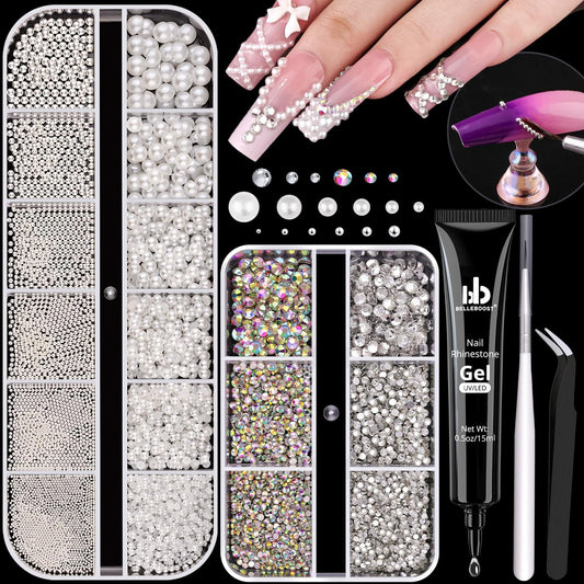 Flatback Pearls (White) and Metal Nail Beads (Silver) and Glass Rhinestones (Clear+AB) with Rhinestones Glue Gel for Nail Art, Pearl Nail Charms and Round Caviar Beads Crystals Gem for Manicure Decor