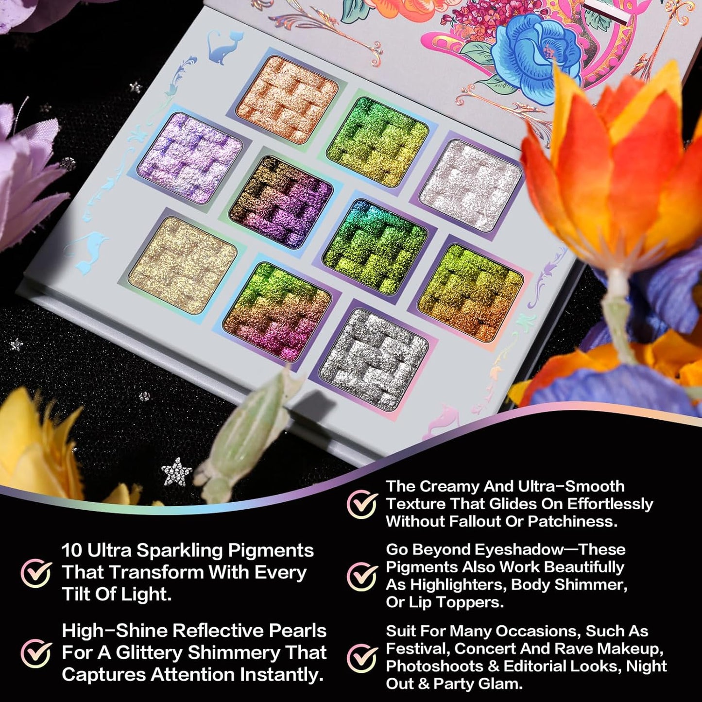 UCANBE Chameleon Multichrome Eyeshadow Palette, 10 Colors Shifting Chromatic Sparkling Metallic Eye Shadow, Multi-Use Blendable Holographic Glitter Shimmer Eye Makeup Palllet (Lunar Mirage)