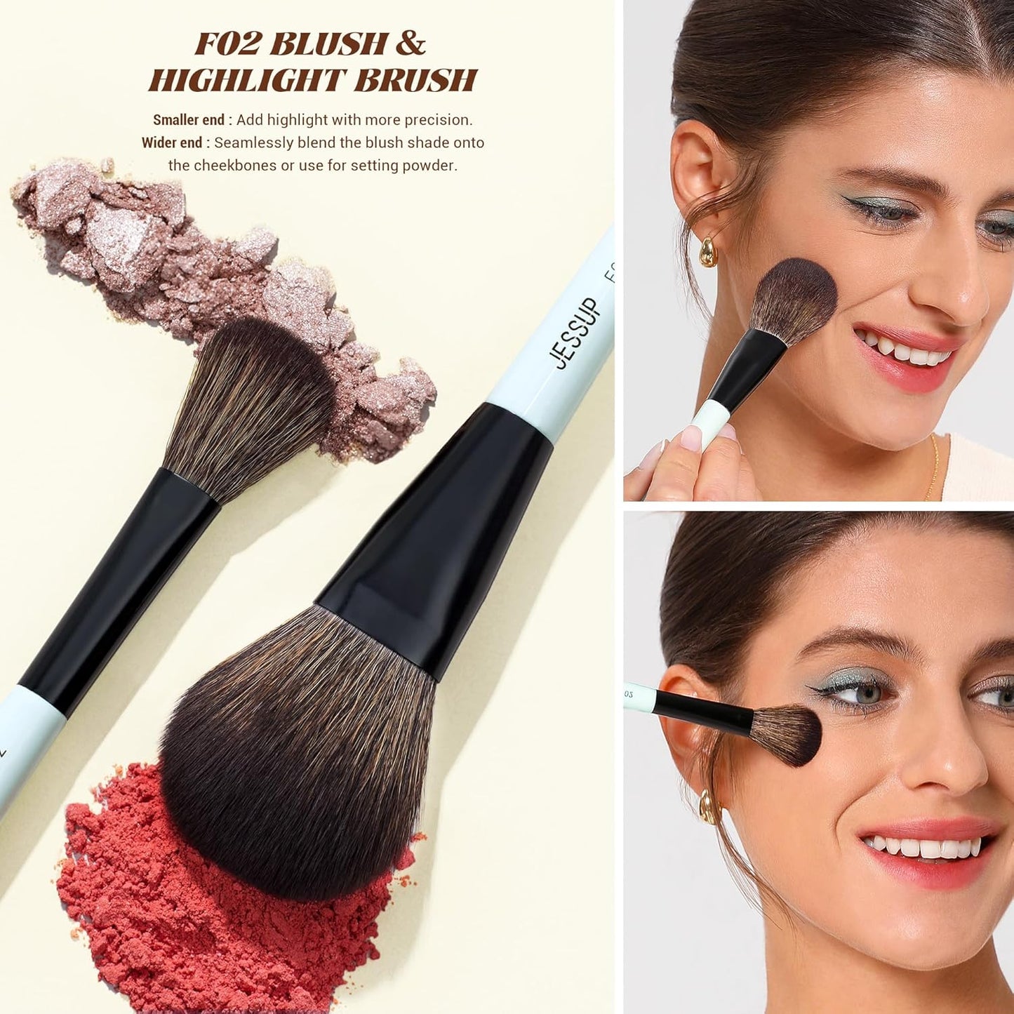 Jessup Face Makeup Brushes with Makeup Sponge, 3pcs Double Ended Makeup Brush for Foundation Contour Blush Highlight and Concealer Brush, Premium Synthetic Brush Set with Gift Box, T510