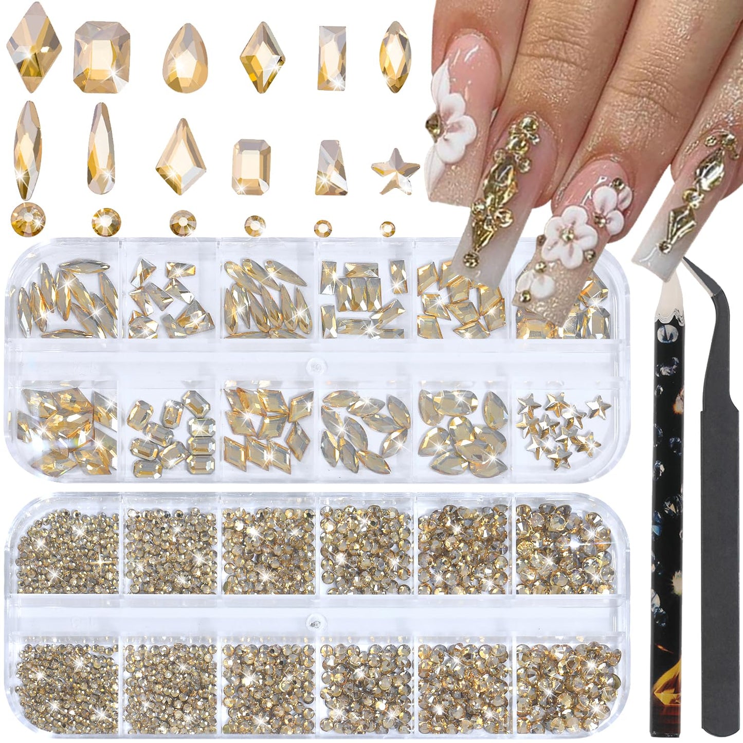 HNUIX Nail Rhinestones - 3D Multi Shape Size Crystal, Champagne Gold Nail Gems, Flat Back, with Kit, for Nail Art, DIY Decorations