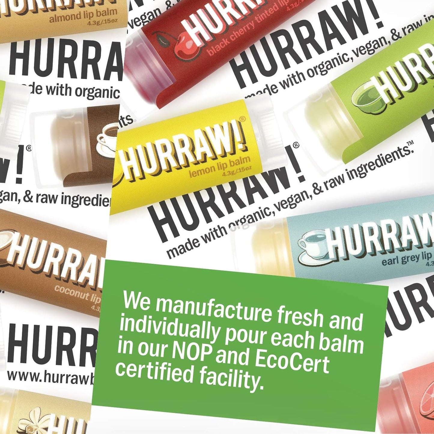 Hurraw! Lip Balms: Staff Favorites, 4 Balm Bundle Pack – Chocolate Mint, Watermelon, Vanilla Bean and Sun (SPF 15): Organic, Certified Vegan. 100% Natural Ingredients. Bee, Shea, Soy and Palm Free.