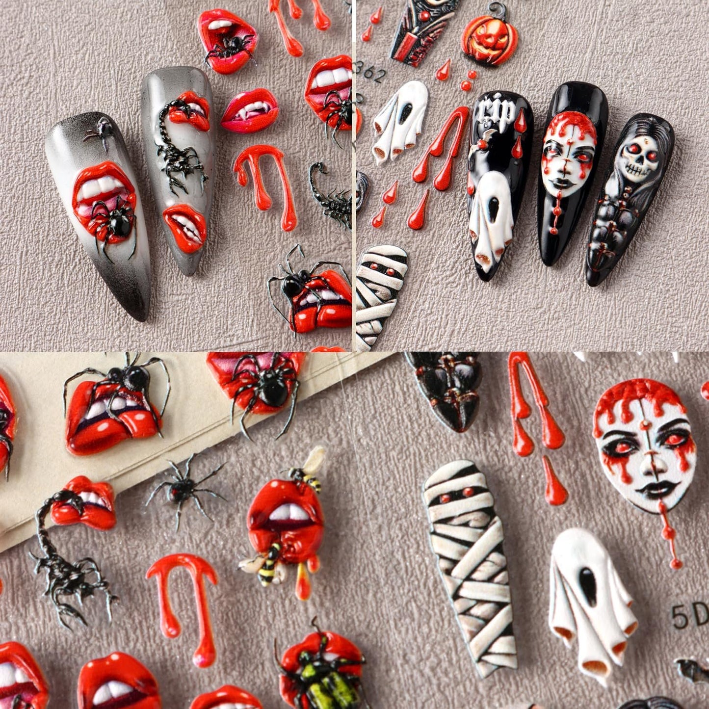 2 Sheets Halloween Nail Art Stickers 5D Embossed Horror Ghost Nail Stickers Big Red Lips Pumpkin Devil's Flame Eye Bat Design Terror Spider Mummy Nail Decals for Women Acrylic DIY Nail Decorations