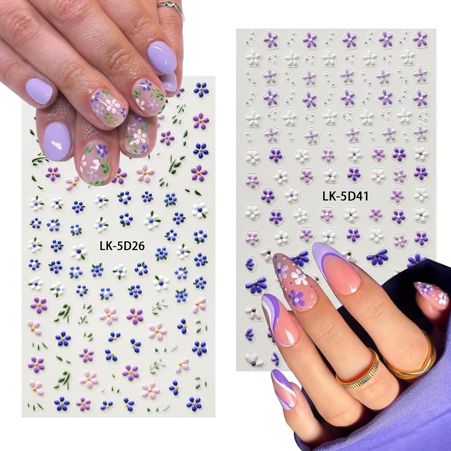 Flower Nail Art Stickers 5D Embossed Flower Nail Decals Spring Summer Pink Flowers Nails Design 3D Self-Adhesive Accessories for Women Nails DIY Decoration(6 Sheets)