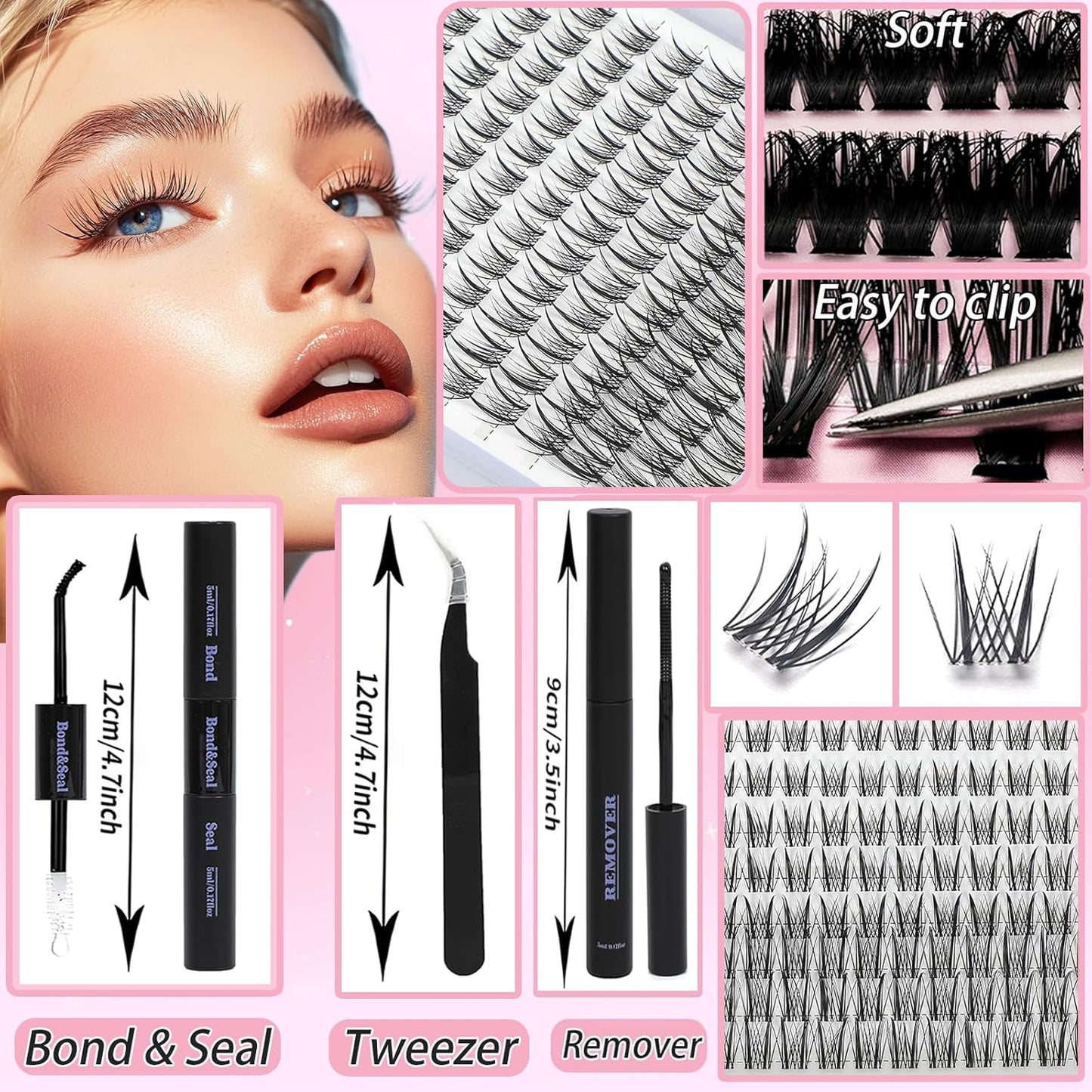 Lash Clusters Kit, Eyelash Clusters Individual Lash Extension Kit D Curl Fluffy Wispy False Eyelashes Extensions Thin Band with Bond Seal Tweezers Brush (Lash Clusters With Tool, SMY 8-16mm)