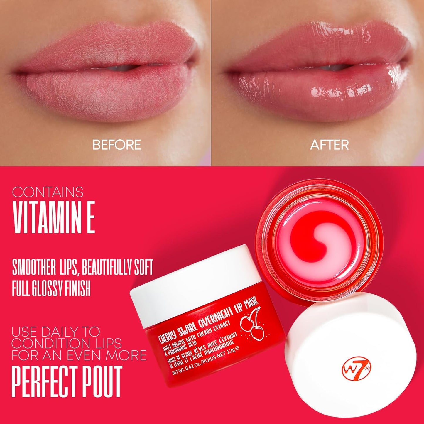 W7 Sweet Dreams Overnight Cherry Swirl Lip Mask - Cherry Extract & Hyaluronic Acid - For Hydrated, Full Looking & Irresistible Lips