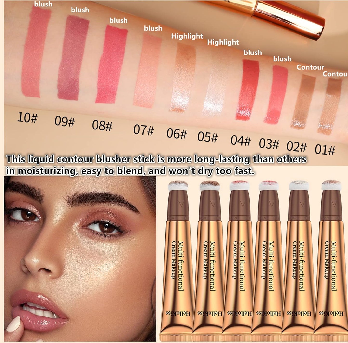 Go Ho Liquid Contour Beauty Wand,Blendable Super Silky Cream Contour Stick,Moisturizing Contour Blusher Stick with Fine Cushion Applicator,Cruelty-free, 002# Medium Brown