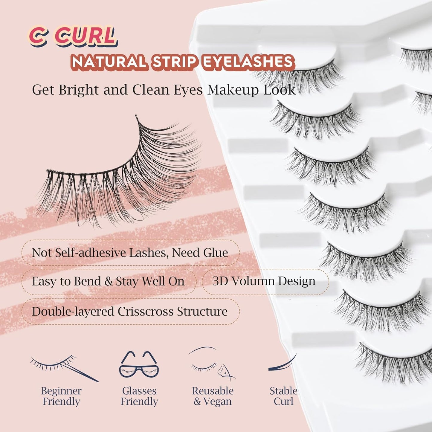 Lashes Wispy Eyelashes False Eyelashes 10MM Short Lash Thin Band Strip Lashes Natural Lashes 3D Volume Eyelashes Soft False Lashes 7 Pair Siligli