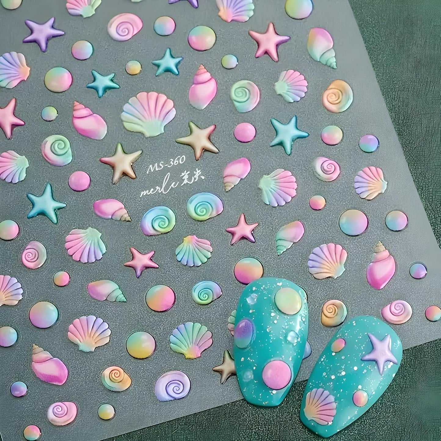 2 Sheets Starfish Nail Stickers - 5D Embossed Self-Adhesive Decals for Summer Nail Art - Colorful Beach Shell Design Supplies Decoration for Women and Girls