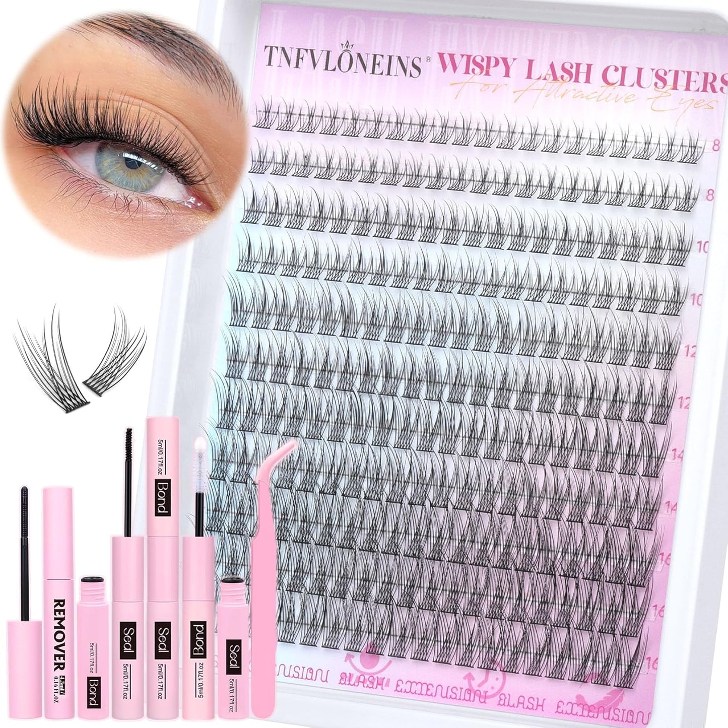 TNFVLONEINS Wispy Lash Clusters Kit 220Pcs Eyelash Extension Kit Natural Lash Extension Kit CC Volume Eyelash Clusters Short Individual Lashes Clusters 3D Eyelash Clusters Kit with Remover