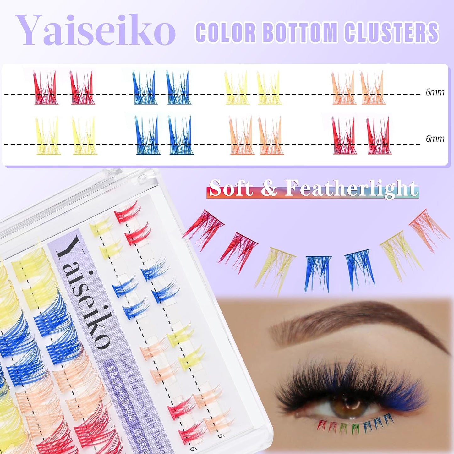 Colored Lash Clusters with Bottom Lashes D Curl 10-18mm Mixed 4 Colors Rainbow DIY Eyelash Extension Colorful Cluster Lashes Pack for Festival Christmas New Year and Cosplay by Yaiseiko