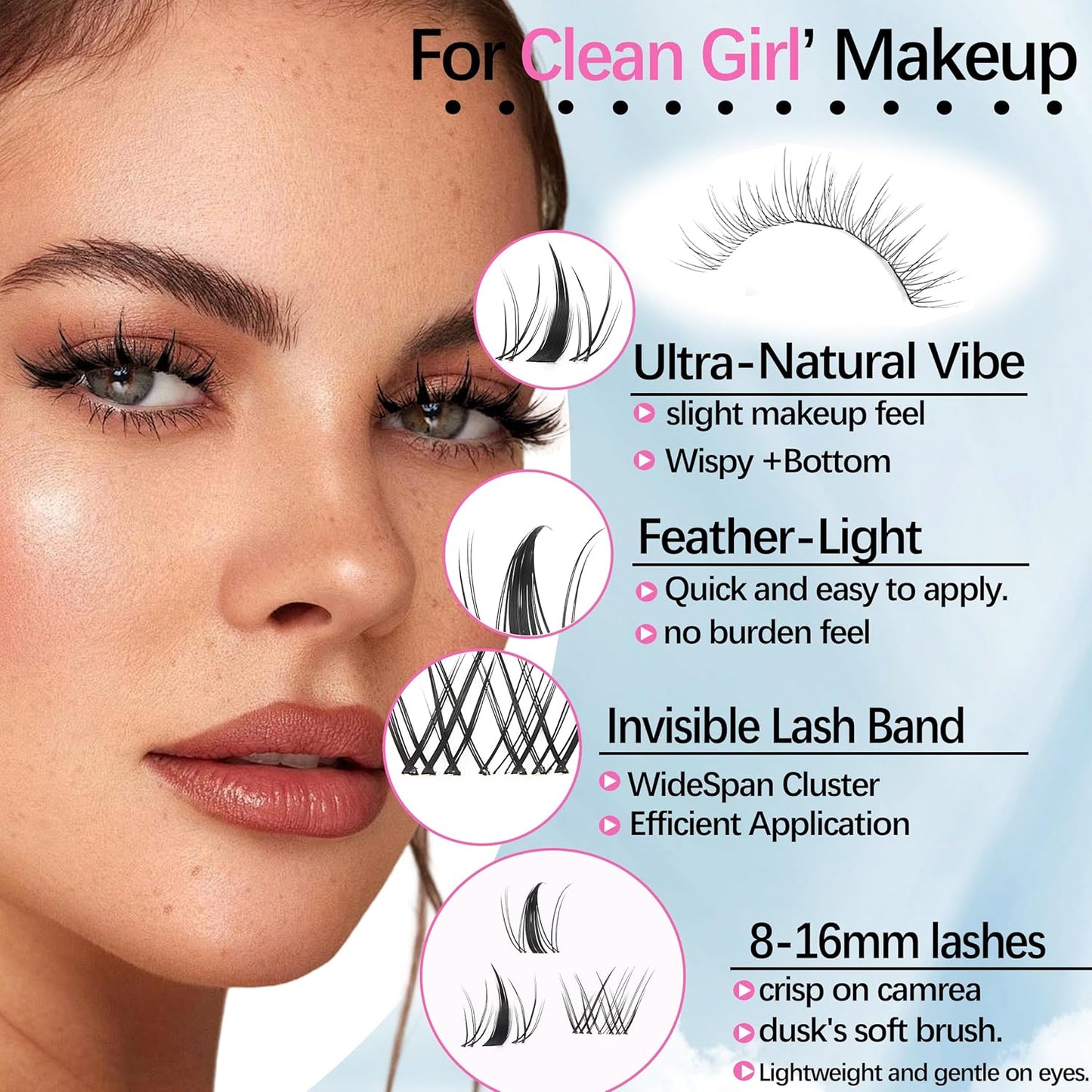 Fairy Manga lashes Clusters with Bottom Lashes Clusters Kit Gift Packs 604Pcs 5-16mm Soft Extension False Eyelash D Curl Wispy Natural Wet-Look Lashes Extensions Combo Pack with Glue Removers