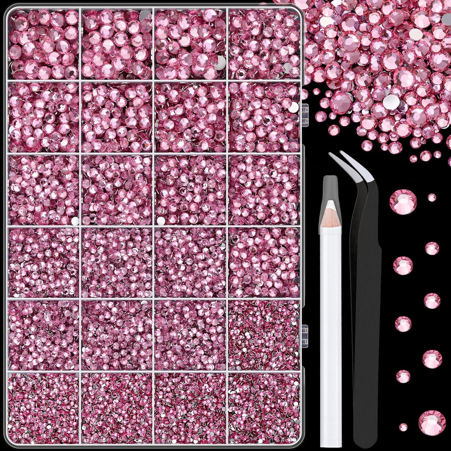 25000Pcs Resin Rhinestones with Tweezers for Crafting, Dark Pink 2-6mm Mixed Sizes Non Hotfix Flatback Gems, Bedazzling Crystal for DIY Craft Clothing Mugs Tumblers Shoes Fabric Decor Nail Art