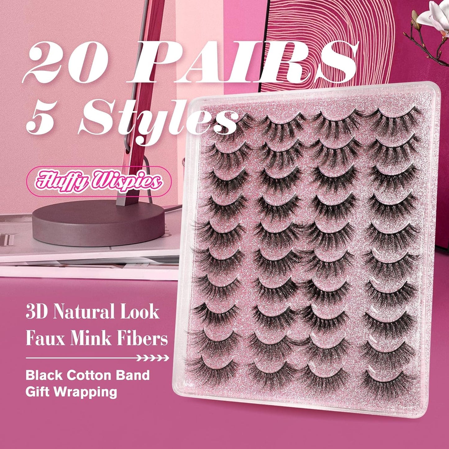 20 Pairs False Eyelashes 3D Faux Mink Lashes Natural Look Wispy Fake Eyelashes ALPHONSE 16-20MM Fluffier Volume Long Thick Lashes Pack 5 Styles Mixed