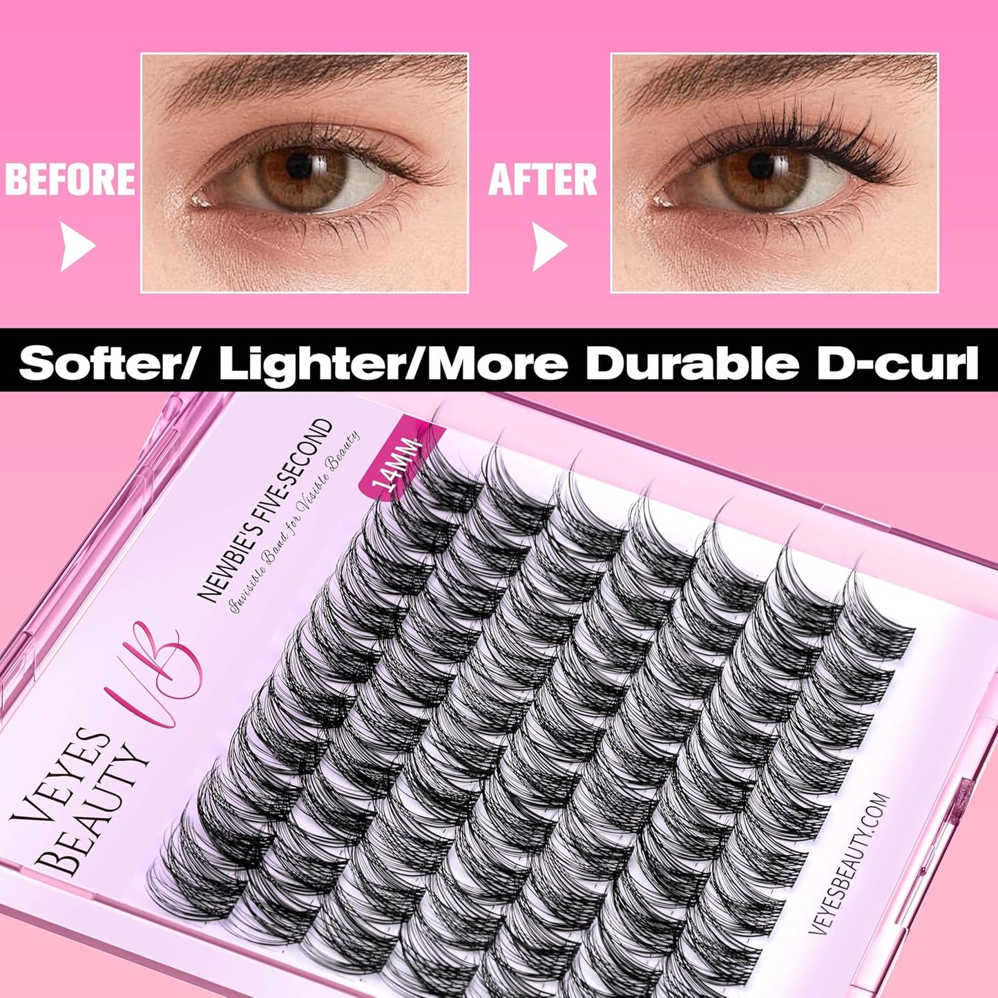 VEYESBEAUTY Lash Clusters Individual Eyelash Extensions Thin & Invisible Band DIY False Eyelashes for Self-application Newbie's Five-Second Series Wispy Lash Tray, LuxeBold 16mm Single Length