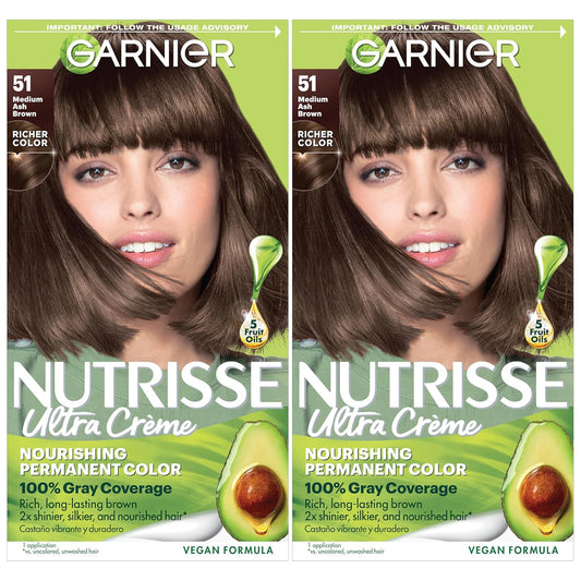 Garnier Hair Color Nutrisse Nourishing Creme, 51 Medium Ash Brown (Cool Tea) Permanent Hair Dye, 2 Count (Packaging May Vary)