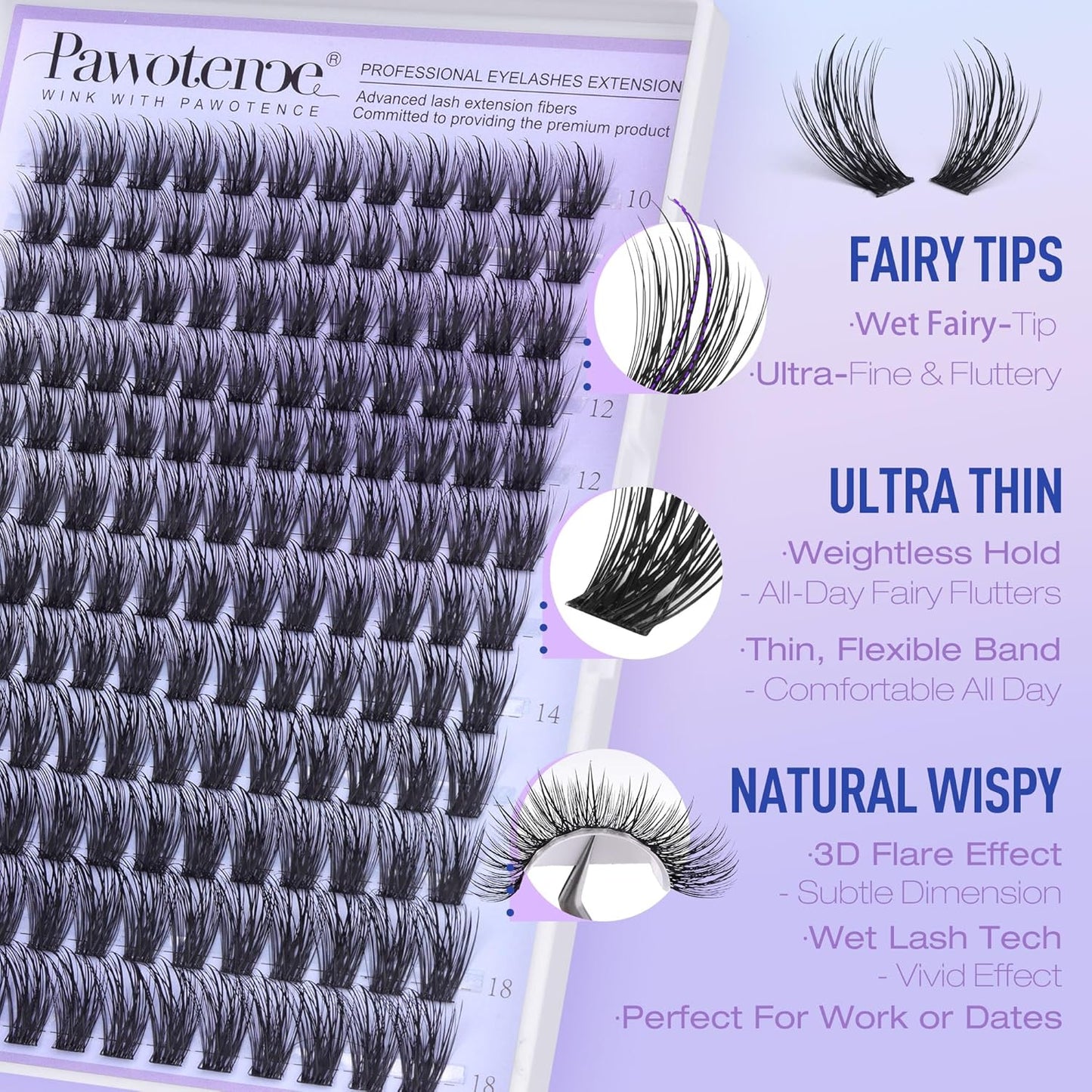 Pawotence Lash Clusters Fairy Eyelash Clusters 10-18mm Wispy Lashes Cluster Eyelash Extensions 144pcs Wet Individual Cluster Lashes Full False Eyelashes for DIY Lash Extension