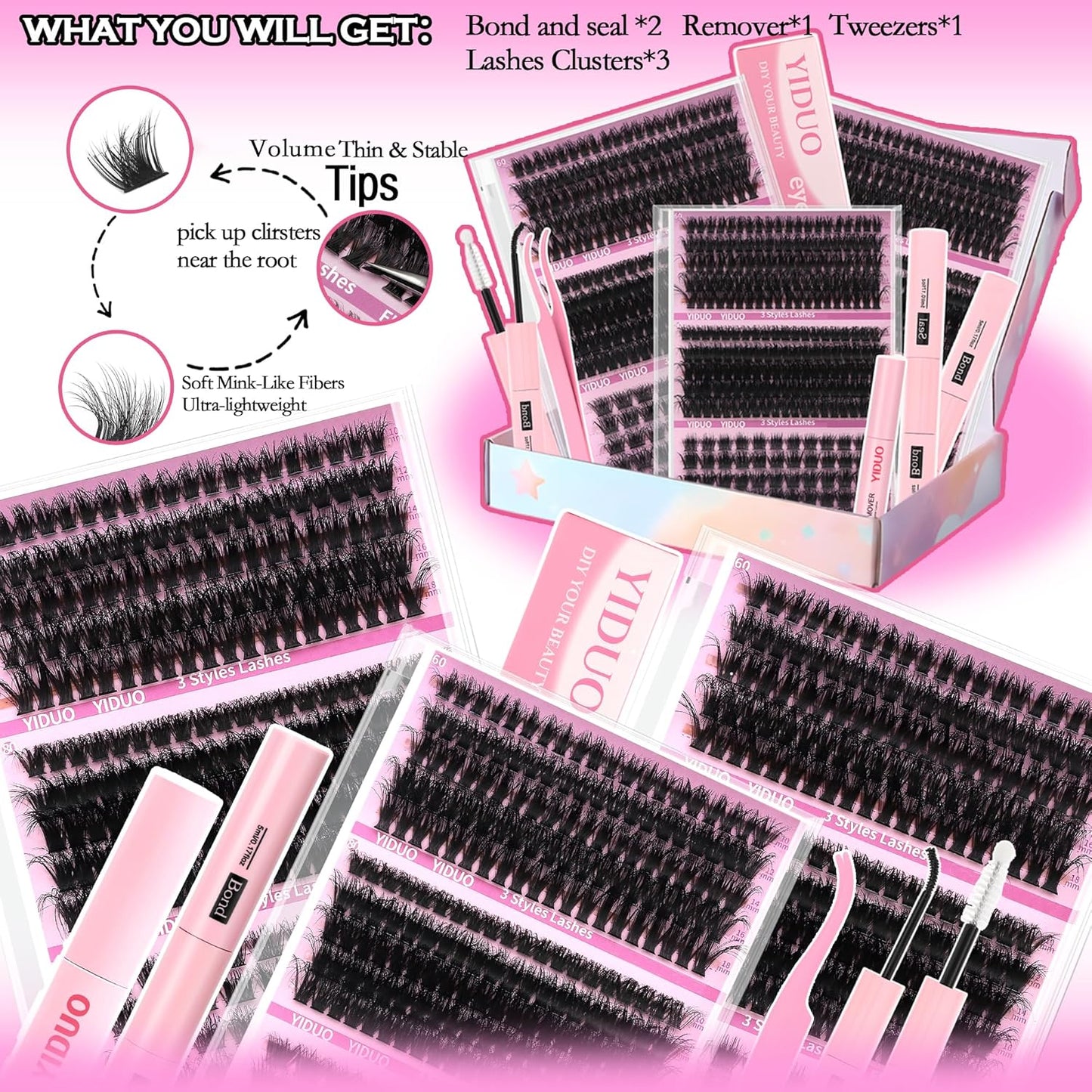 Volume Lashes Clusters Lash Kit Gift Packs 770Pcs with 2X Bond&Seal 5 style Mixed C-Curl False Eyelashes Extensions Faux Mink Individual Lash Wholesale Pack DIY Individual Fake Eyelashes Box