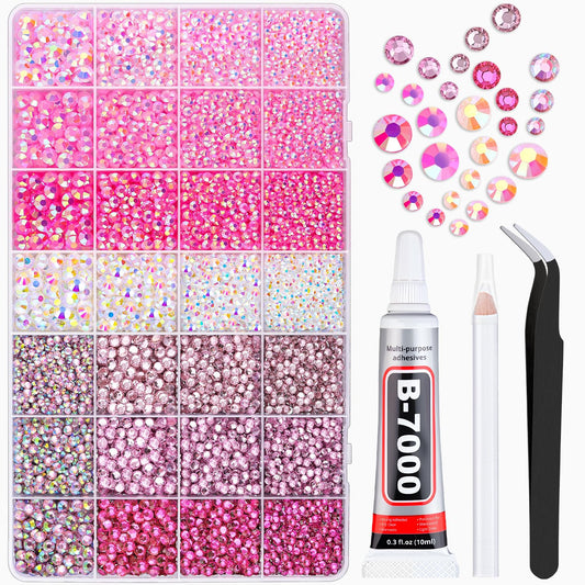 20000Pcs Pink Rhinestones for Bedazzling with 1Pcs B7000 Jewelry Glue, Resin Rhinestones for Crafting Crafts DIY, Bedazzler Kit Gems for Clothing Shoes Tumblers Nail Art Assorted Size 3/4/5/6mm