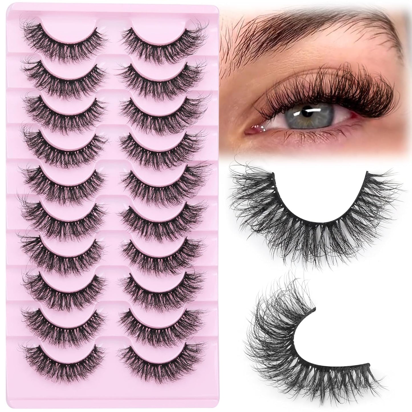 Mink Lashes 10 Pairs False Eyelashes D Lashes Natural Cat Eye Volume Faux Mink Lashes Wispy 18 mm 5D Thick Soft Eyelashes Pack by FANXITON