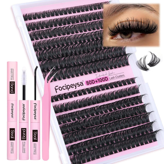 Focipeysa DIY Eyelash Extension Kit Lash Extension Kit D Curl Lash Clusters Kit Individual Eyelashes with Lash Bond and Lash Seal, Tweezers, DIY Lashes at Home (280Pcs 80D+100D 8-16mm)