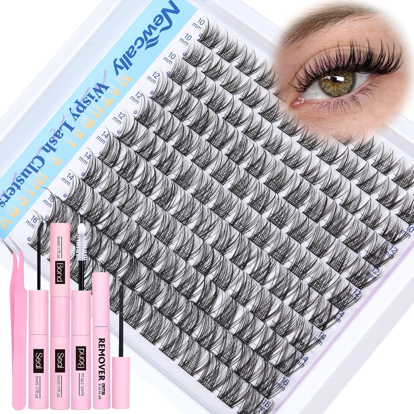 Wispy Lash Clusters Kit DIY Lash Extension Kit Natural Look C-curly Cluster Eyelash Extension Kit Volume 10-16MM Individual Eyelashes Kit with Lash Remover by Newcally
