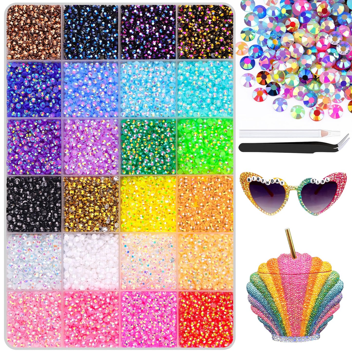 24000Pcs Resin Jelly Rhinestones with Tweezers for Crafting, Multi Colors 3mm Non Hotfix Flatback Gems, Bedazzling Crystal for DIY Crafts Clothing Tumblers Mugs Shoes Decor Nail Art