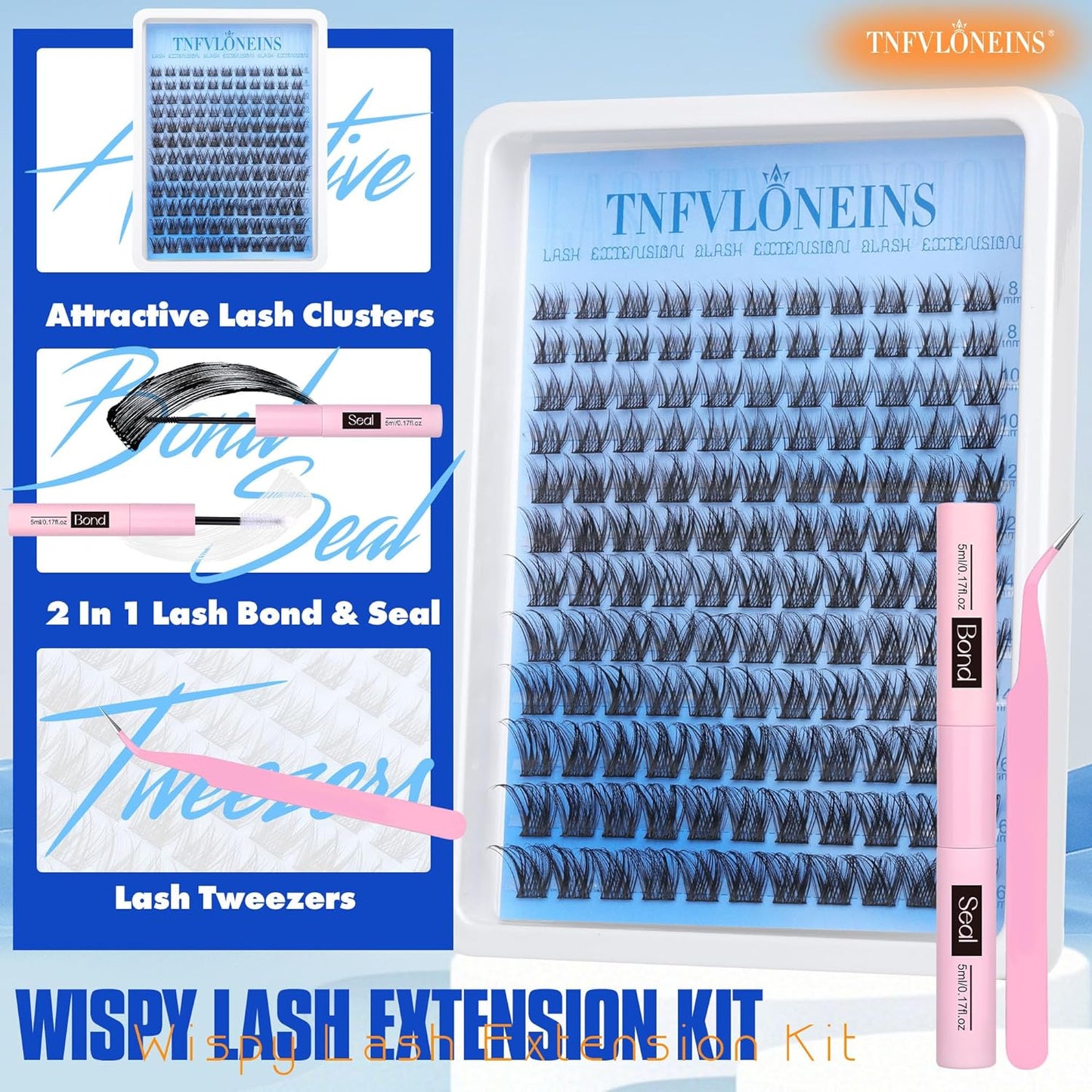 Natural Lash Clusters Kit Wispy Lash Extension Kit C Curl Eyelash Extension Kit Individual Lashes Cluster Eyelash Extensions Kit 8-16MM Eyelash Clusters with Bond and Seal and Tweezers by TNFVLONEINS
