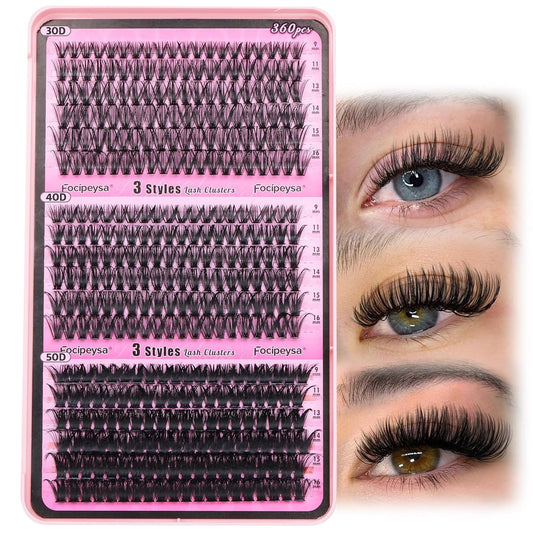 Focipeysa Fluffy 360pcs Lash Clusters 30P+40P+50P DIY Lash Extension Volume Thick Clusters Lashes D Curl Eyelash Extension 9-16mm Individual Lash for Self Application at Home