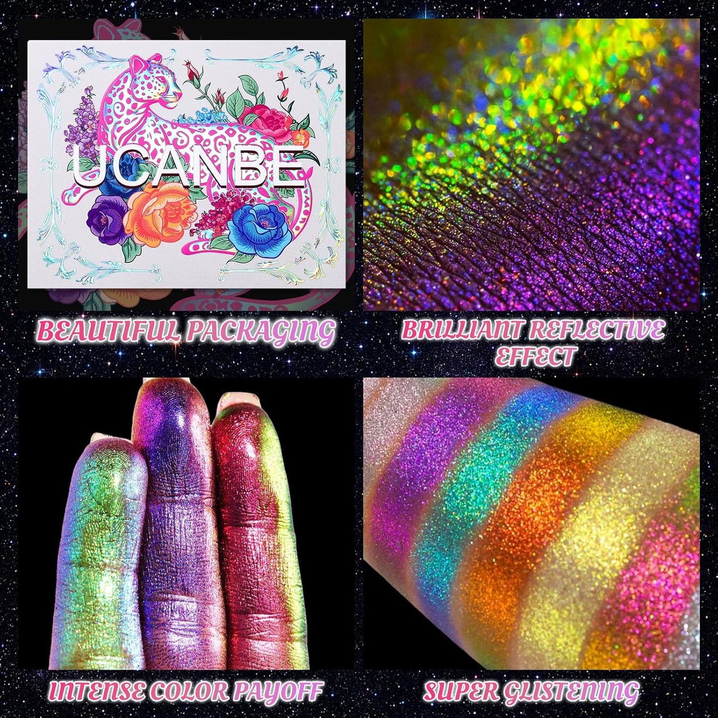 UCANBE Chameleon Multichrome Eyeshadow Palette, 10 Colors Shifting Chromatic Sparkling Metallic Eye Shadow, Multi-Use Blendable Holographic Glitter Shimmer Eye Makeup Palllet (Lunar Mirage)