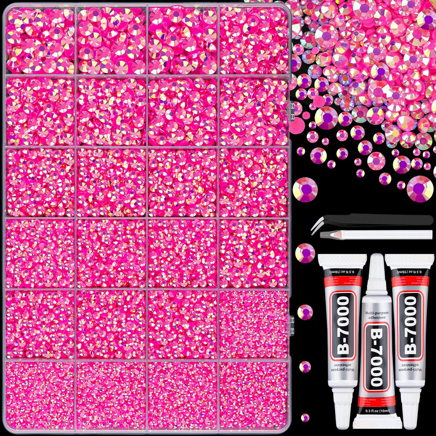 25000Pcs Resin Jelly Rhinestones with Tweezers for Crafting, Hot Pink AB Flatback Gems, Bedazzling Crystal with 3Pcs 10ml B7000 Jewelry Glue for DIY Crafts Clothing Tumblers Shoes Fabric Nail Art